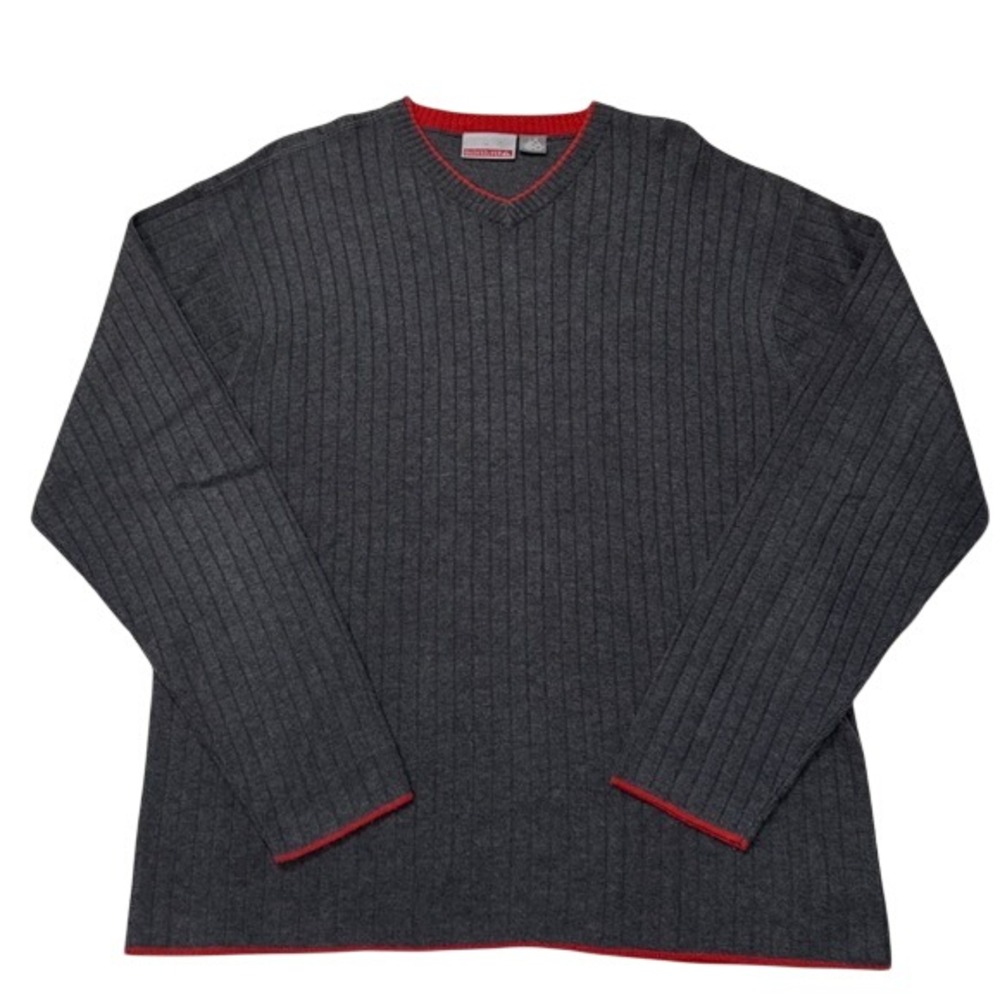 Quiksilver Mens V-Neck Ribbed Sweater Gray Red Trim Cotton Blend Large J107174
